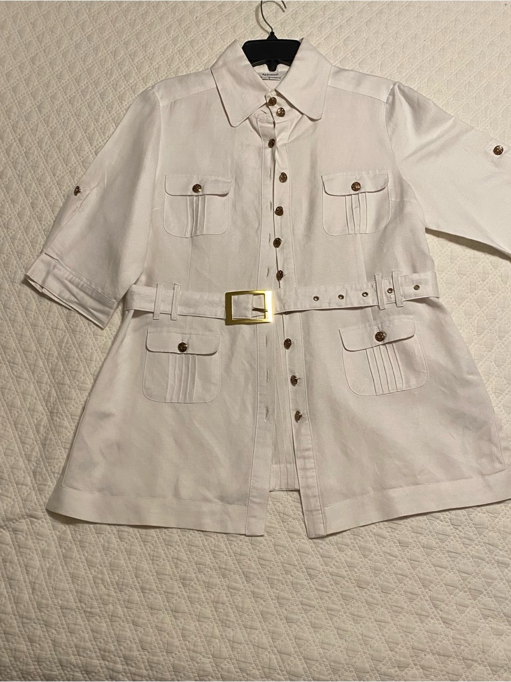 White Utility Belted Shirt-Jacket with Gold Buckle
